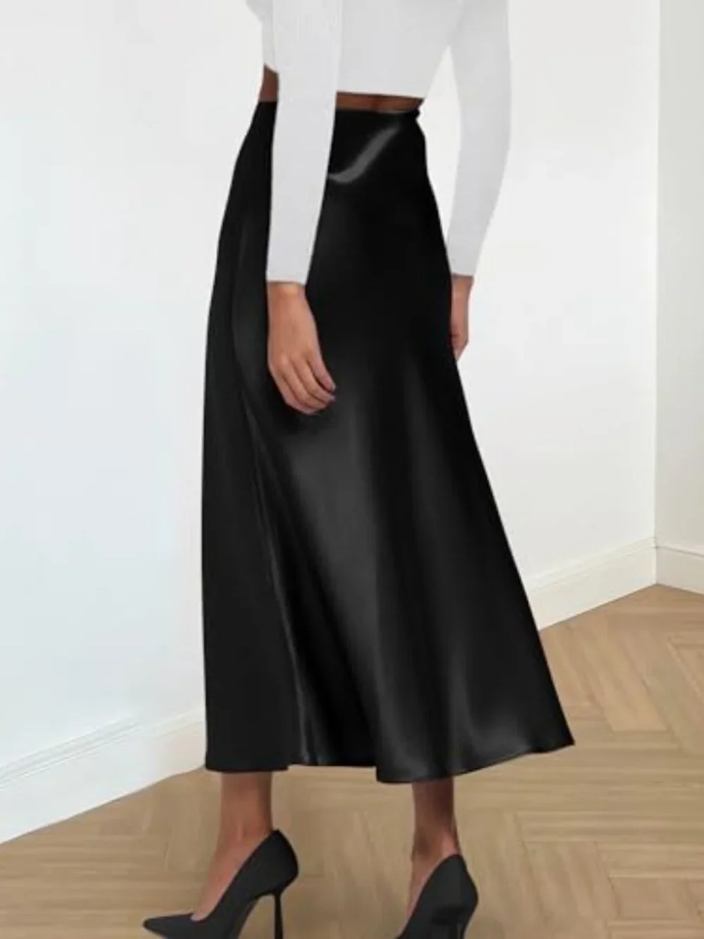 Women's High Waisted Midi Satin Skirt Ruffle Hem Elastic A-Line
